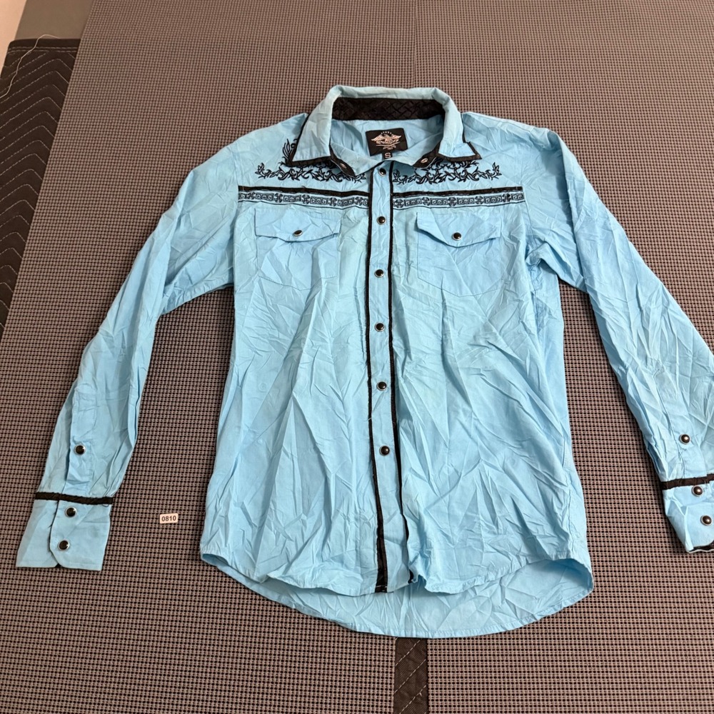 El General 1901 Men Light Blue Western Snap Button Shirt Black Embroidery Small